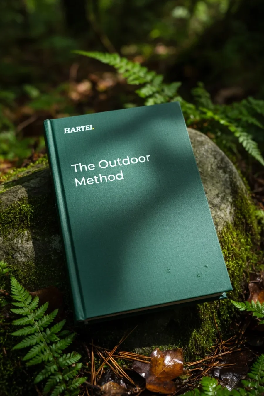 The Hartei Outdoor Method field guide as a printed book resting on the forest floor